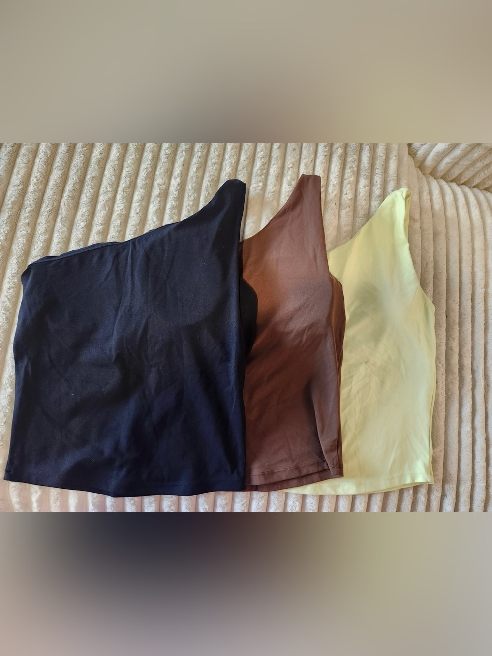 Women’s One-Shoulder Athletic Tank Top Bundle (3) Black, Brown, Butter Yellow